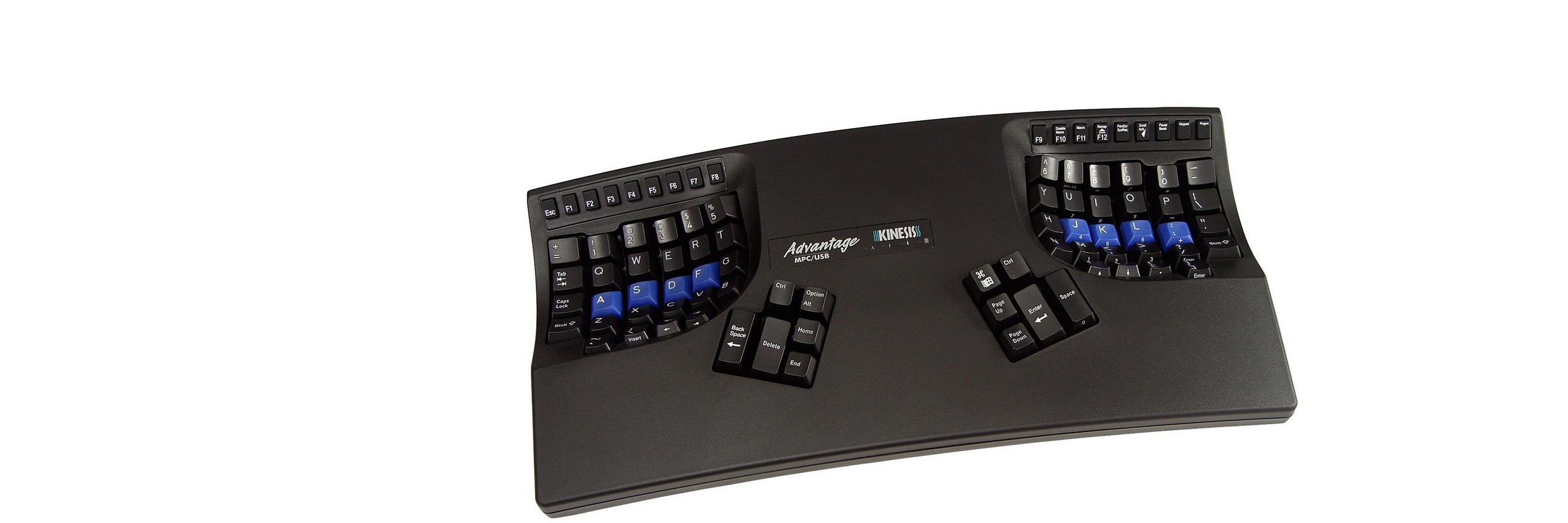 Ergonomic keyboard with split key design for comfortable and efficient typing on a white background.