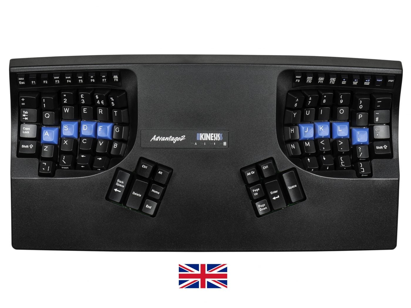 Ergonomic keyboard with split key design and blue accents, optimizing comfort and efficiency for typing tasks.