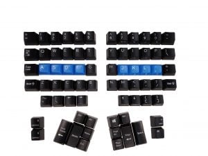 Black and blue mechanical keyboard keycaps set, arranged by rows on white background.