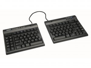 Ergonomic split keyboard for Mac with adjustable spacing, designed for comfort and efficiency in typing.