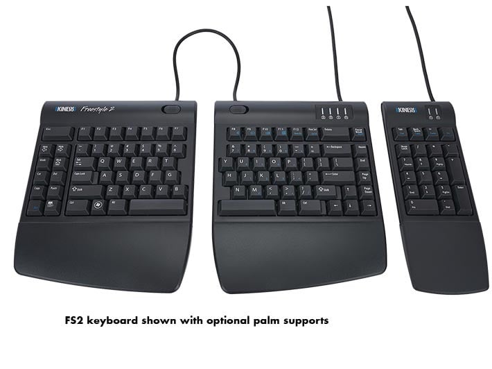 Three-part ergonomic keyboard with palm supports from Kinesis, featuring a split layout for enhanced comfort.