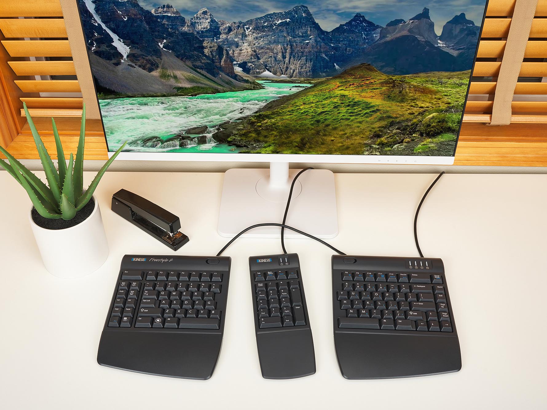 Ergonomic split keyboard setup with scenic landscape monitor display, stapler, and plant on white desk.
