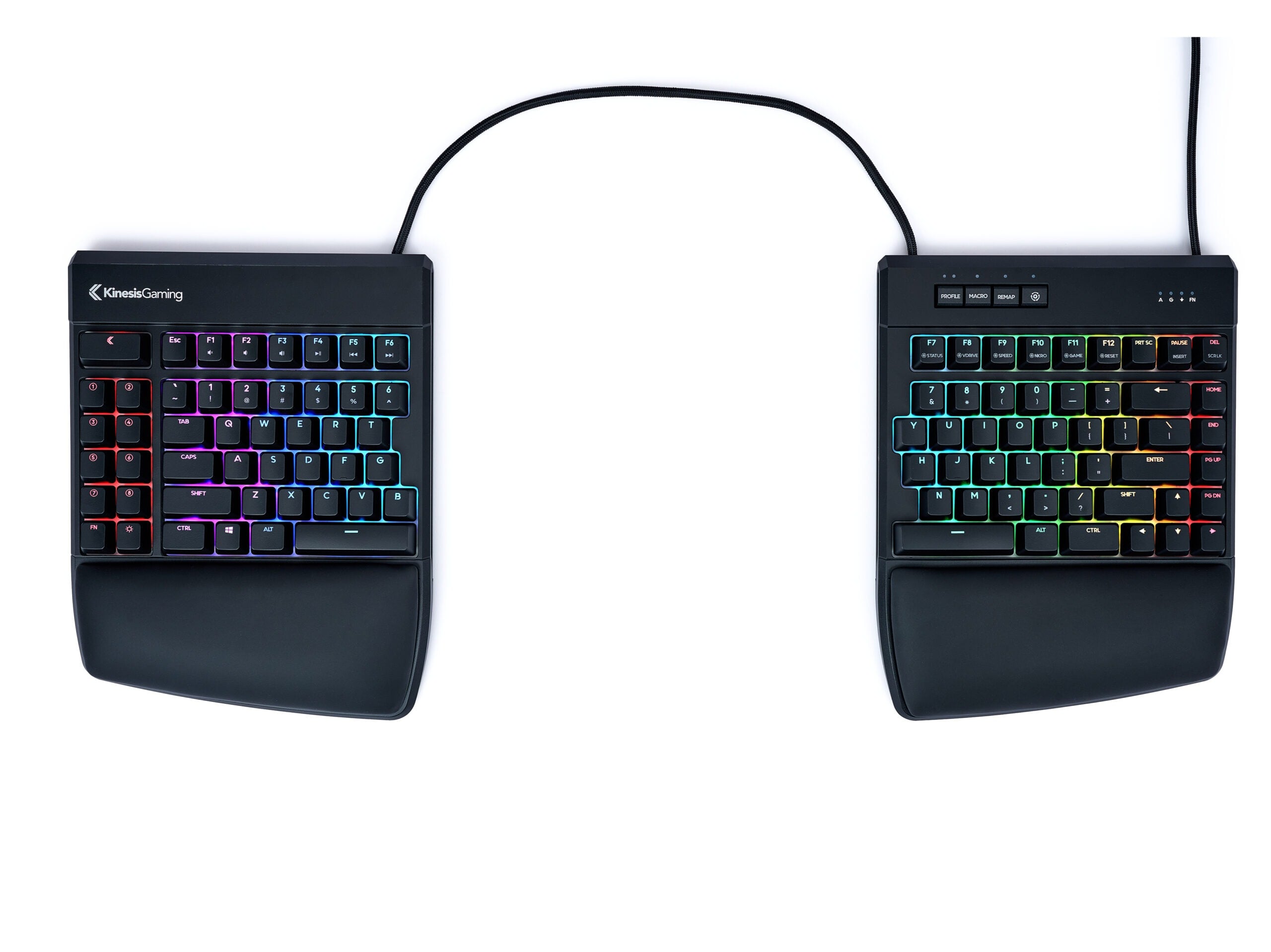Ergonomic split mechanical keyboard with colorful backlit keys and detachable cable on a white background.