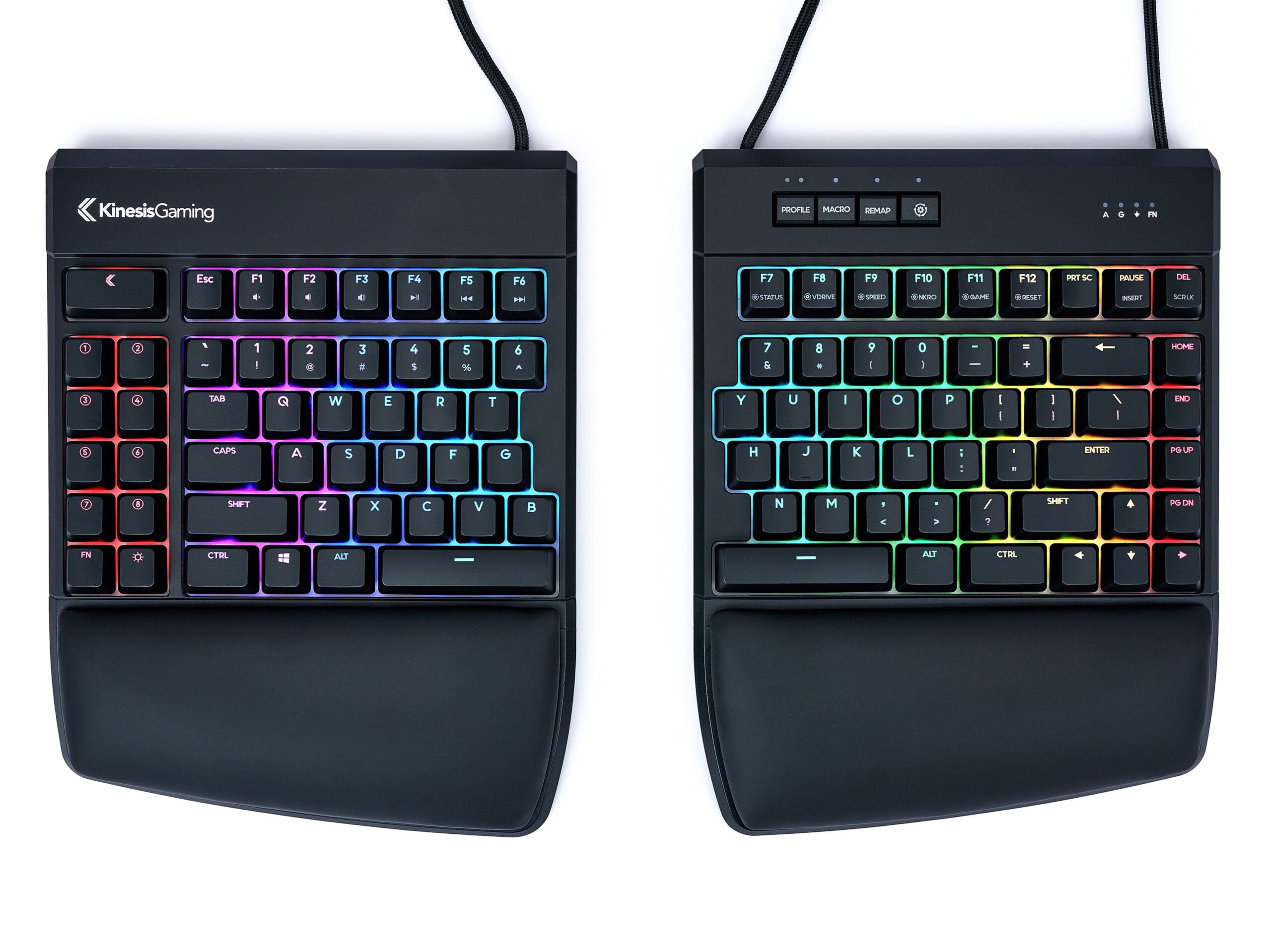 Ergonomic split gaming keyboard with RGB backlit keys and wrist rests, designed for comfortable extended use.