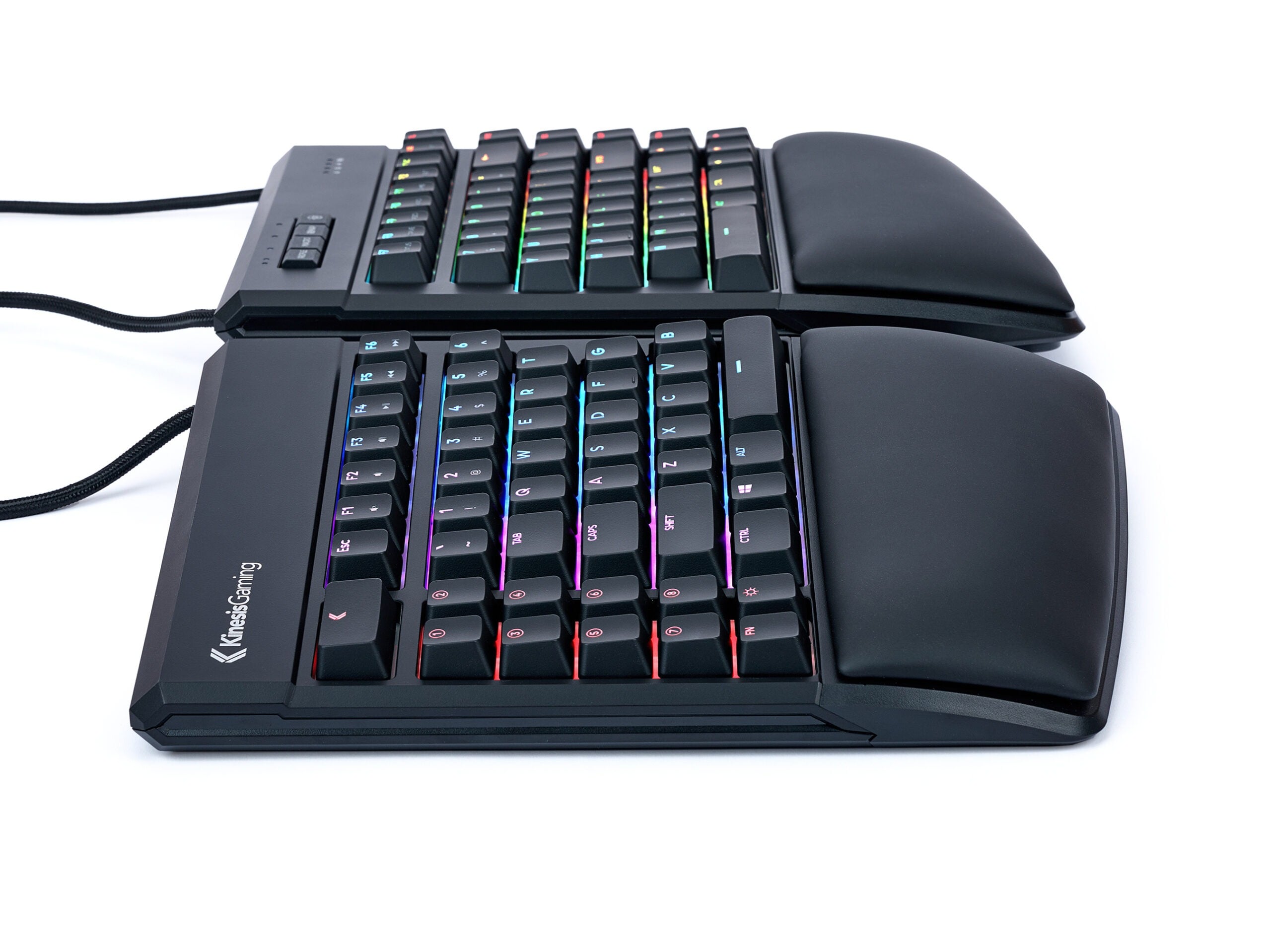 Ergonomic split mechanical keyboard with RGB backlit keys and wrist rest, designed for comfortable typing and gaming.