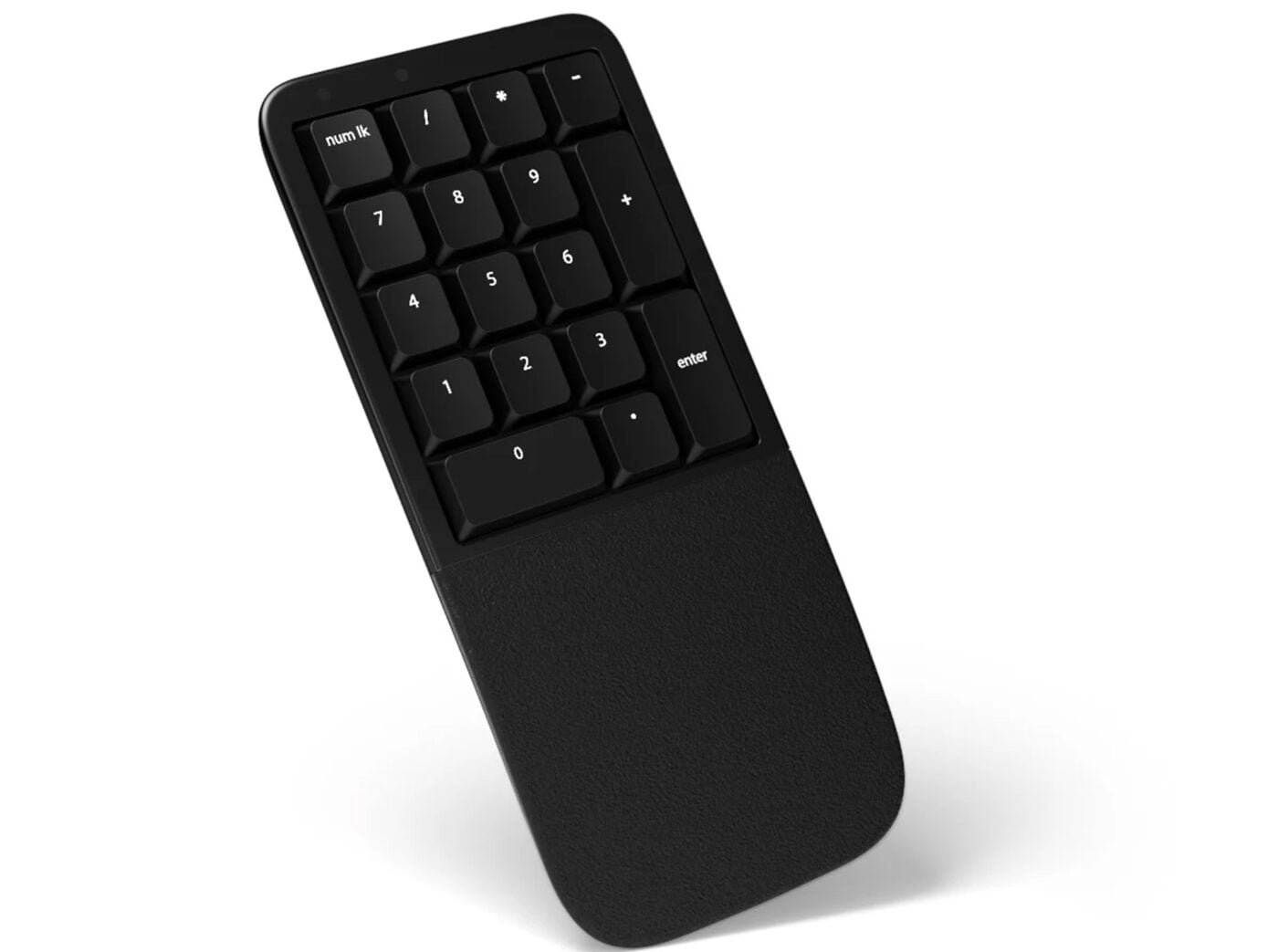 Sleek black numeric keypad with textured wrist rest, ideal for efficient number entry and comfortable use.