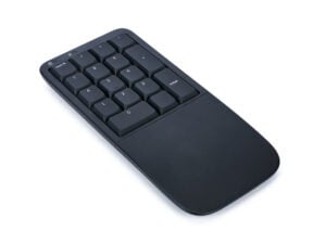 Wireless numeric keypad and touchpad in black, ideal for efficient data entry and navigation.