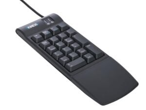 Ergonomic Kinesis keypad with USB connection and wrist rest, designed for comfortable data entry and navigation.