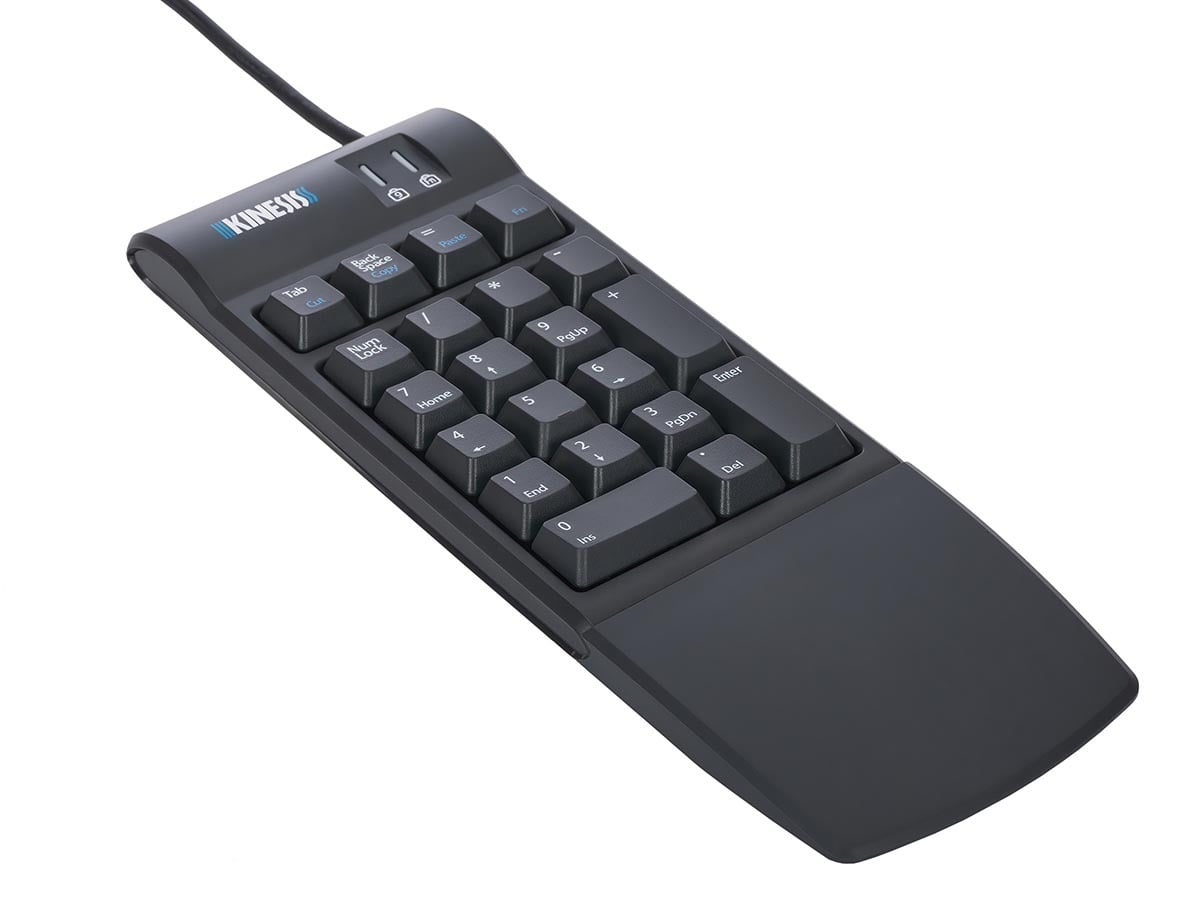 Ergonomic Kinesis keypad with USB connection and wrist rest, designed for comfortable data entry and navigation.