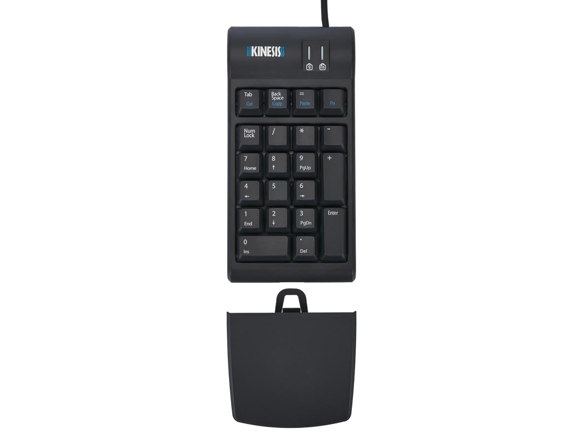 Kinesis ergonomic numeric keypad with detachable cover, featuring function and navigation keys for efficient data entry.