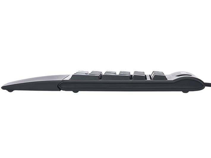 Side view of a sleek, ergonomic gaming keyboard with a slim profile, designed for comfortable and efficient typing.