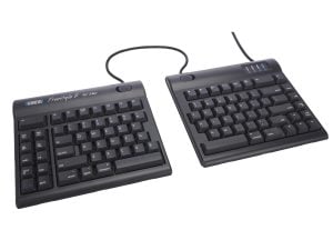 Split ergonomic keyboard for Mac, black, adjustable design, enhances comfort and productivity.