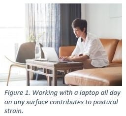 Person working on a laptop at home, illustrating the importance of ergonomic posture while using computers.