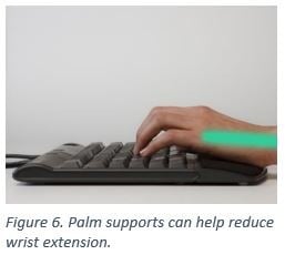 Ergonomic keyboard use with palm support to minimize wrist extension and improve typing comfort.