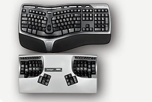 Ergonomic keyboards with split designs for comfortable typing and reduced strain, featuring various key layouts.