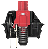 Mechanical keyboard switch, red, demonstrating internal components and mechanism.