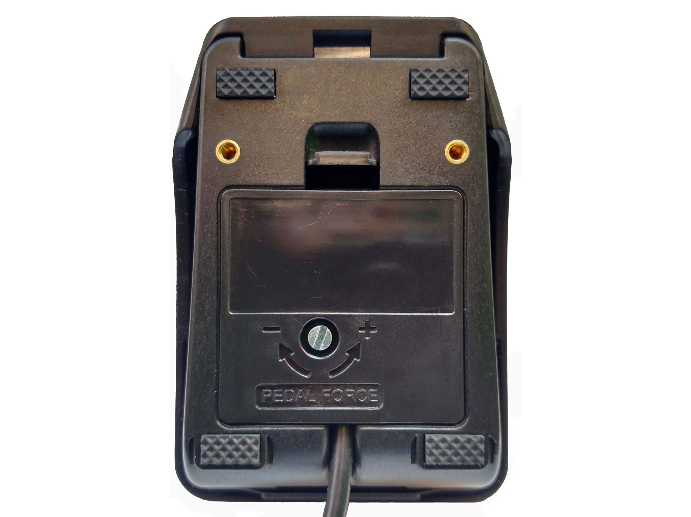 Close-up of a black guitar pedal base with adjustment screw and textured grips. Ideal for musicians and pedal enthusiasts.