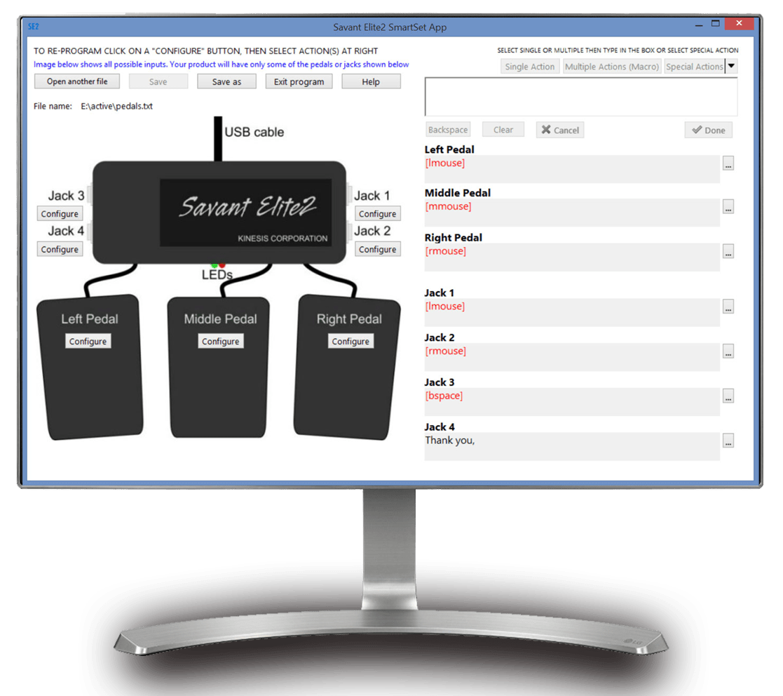 Kinesis Savant Elite2 foot pedal configuration screen display on a computer monitor.