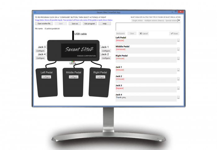 Savant Elite2 setup screen displaying configuration for USB foot pedals and jacks in SmartSet app.