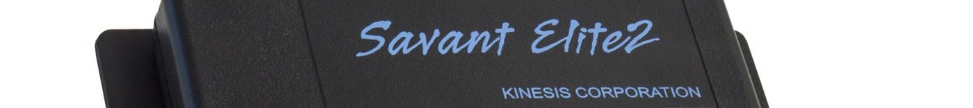 Close-up of the Kinesis Savant Elite2 logo in blue on a black surface, featuring ergonomic design by Kinesis Corporation.