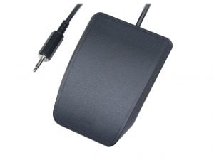 Black wired foot pedal switch with a cable and 3.5mm jack connector for transcription or audio control.