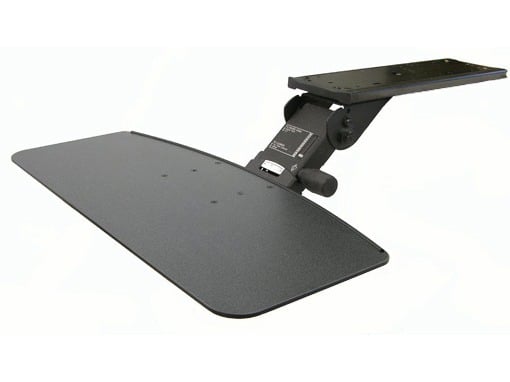 Adjustable ergonomic keyboard tray for enhanced workspace comfort and organization.
