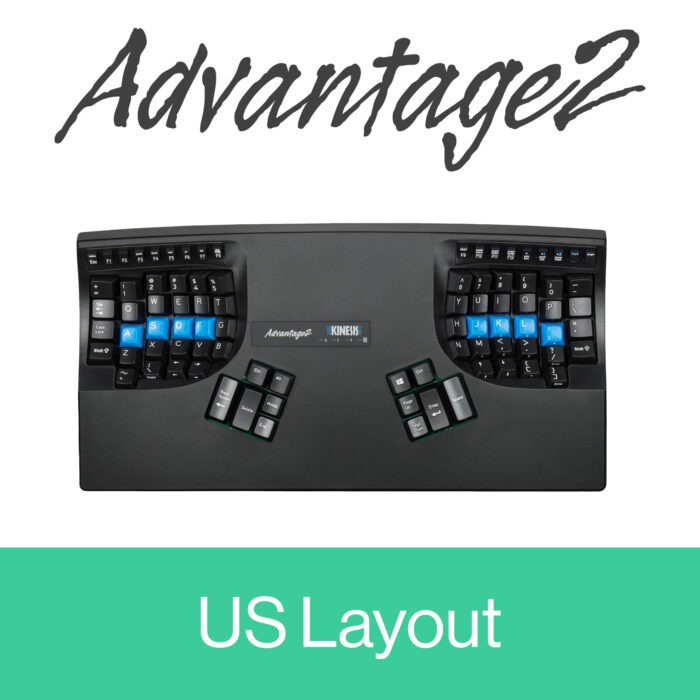 Kinesis Advantage2 ergonomic keyboard with US layout, showcasing split key design for comfortable typing experience.
