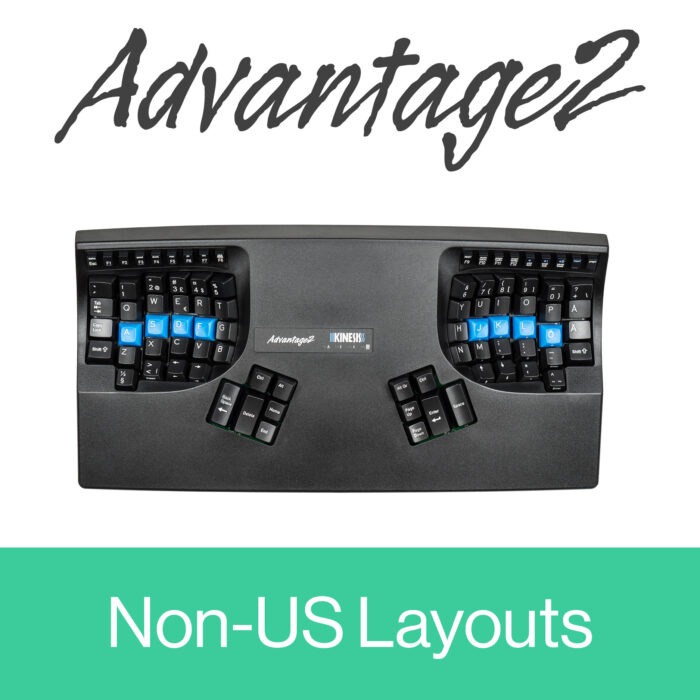 Ergonomic Advantage2 keyboard with non-US layouts by Kinesis, featuring custom keycaps for comfortable typing.