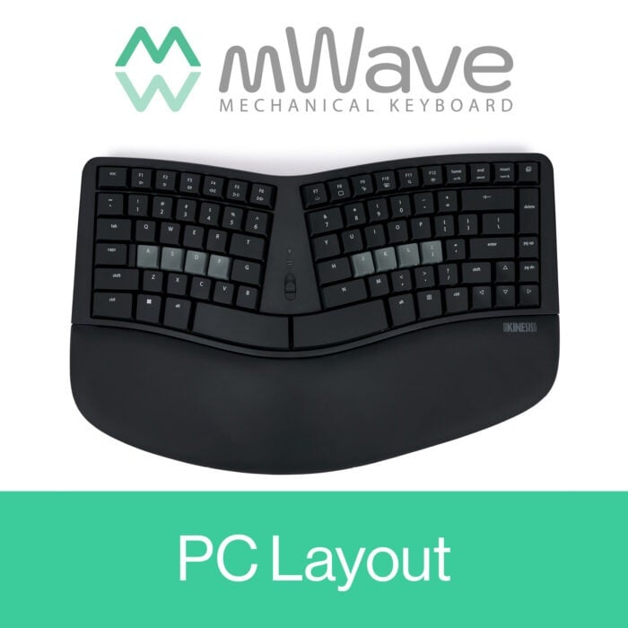 Ergonomic split mechanical keyboard with PC layout, designed for comfort and efficiency.