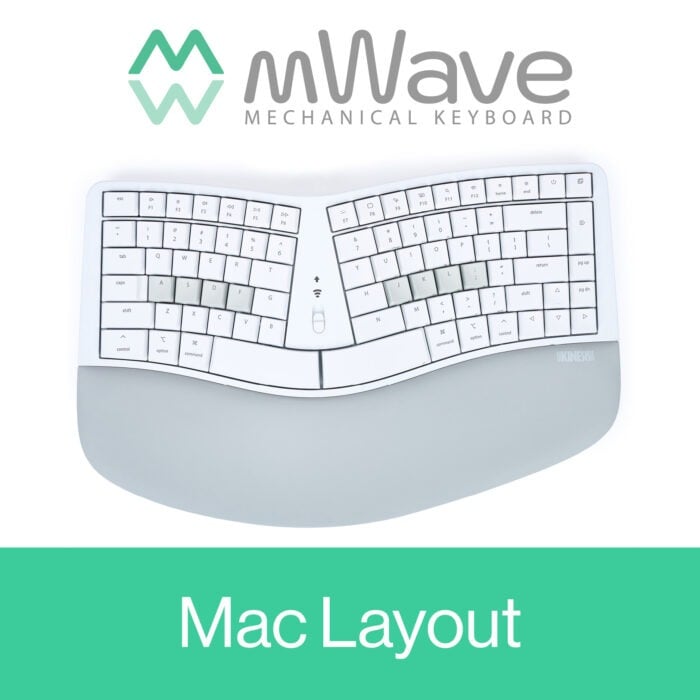 Ergonomic mechanical keyboard with Mac layout by mWave, featuring a curved design for comfortable typing.