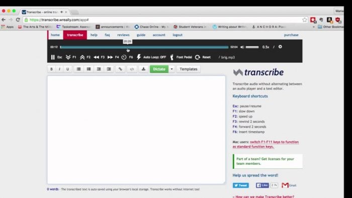 Online transcription tool interface with text editor and playback controls for audio transcription.