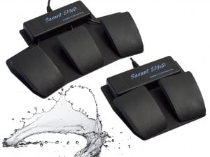 Dual black foot pedals for hands-free keyboard input with a splash of water design. Ideal for ergonomic setups.