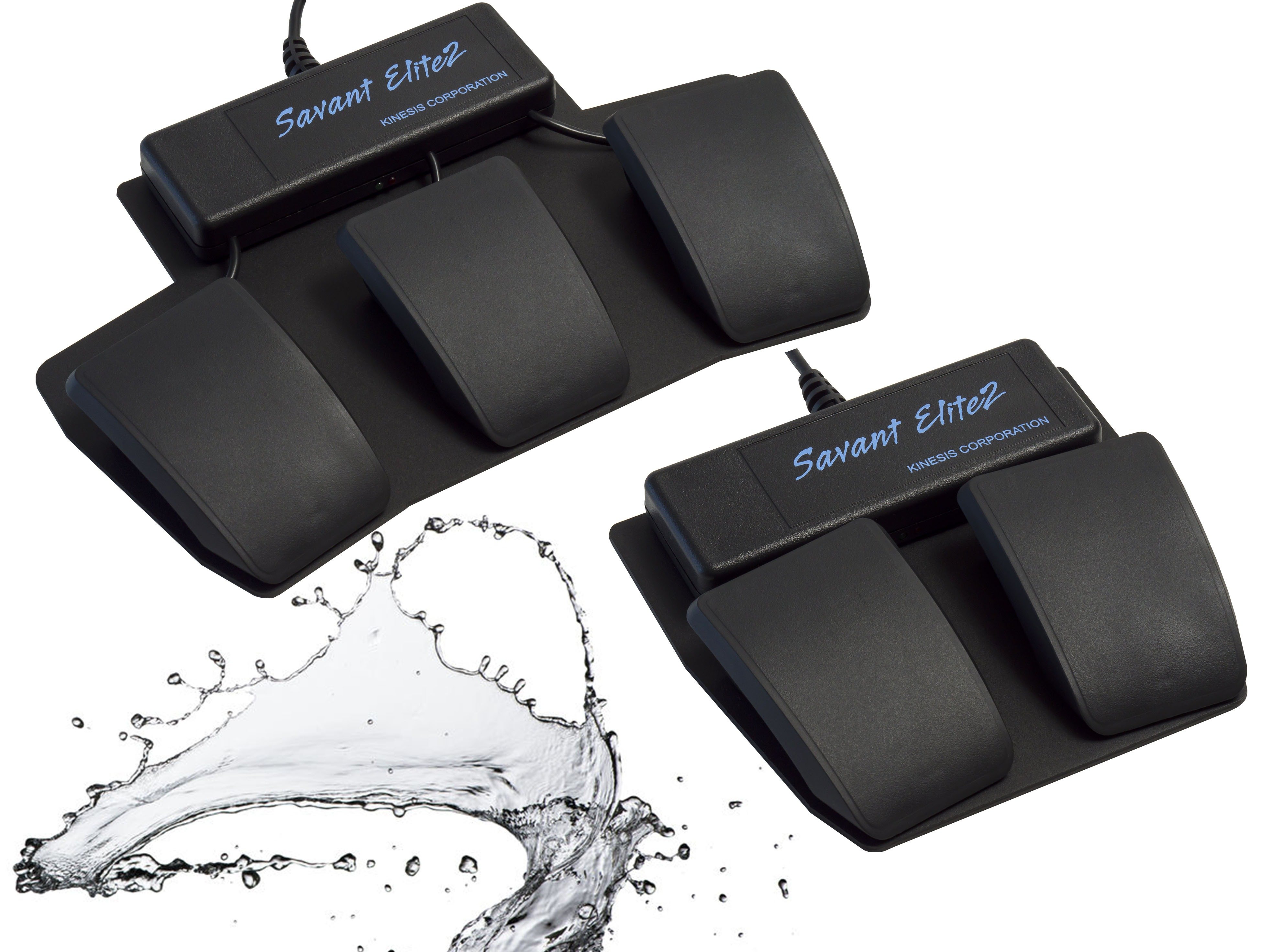 Dual black foot pedals for hands-free keyboard input with a splash of water design. Ideal for ergonomic setups.