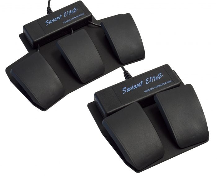 Dual black foot pedals by Kinesis Savant Elite2 for hands-free PC control and ergonomic efficiency.