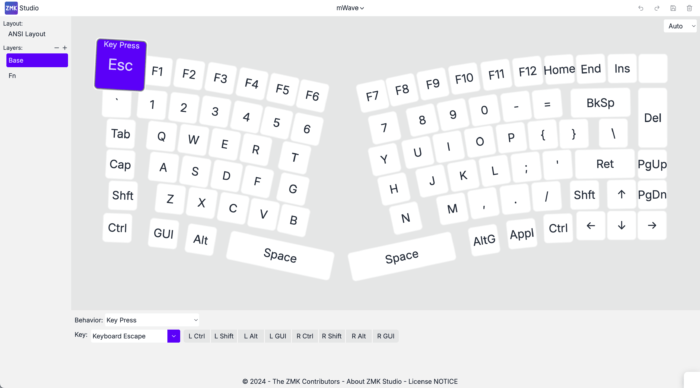 Split keyboard layout in ZMK Studio interface showing key press on escape key.