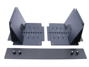 Metal folding brackets and components for custom installation solutions on white background.