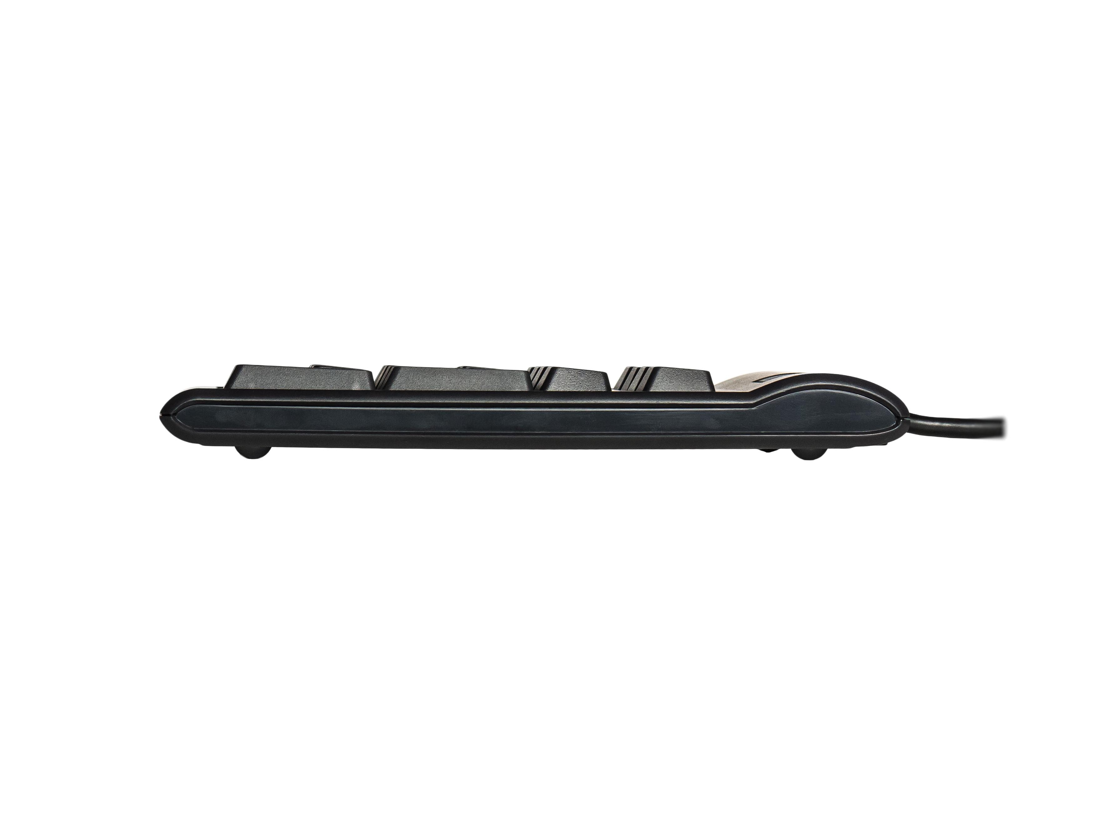 Side view of a black computer keyboard with visible keys and connecting cable.