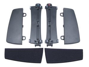 Car headrest mount kit with black plastic brackets and pads for vehicle seats.