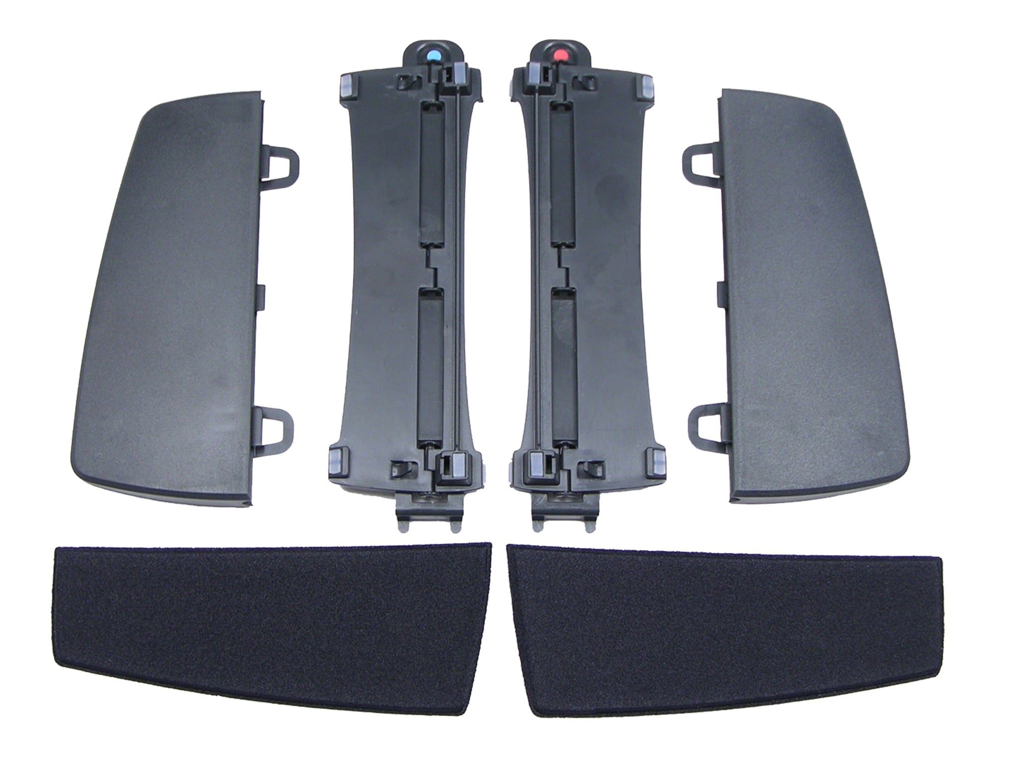 Car headrest mount kit with black plastic brackets and pads for vehicle seats.