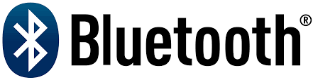 Bluetooth logo with blue symbol and black text, representing wireless connectivity technology.