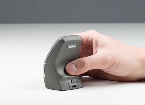 Ergonomic vertical mouse held in hand on a white background, showcasing its unique design and comfortable grip.