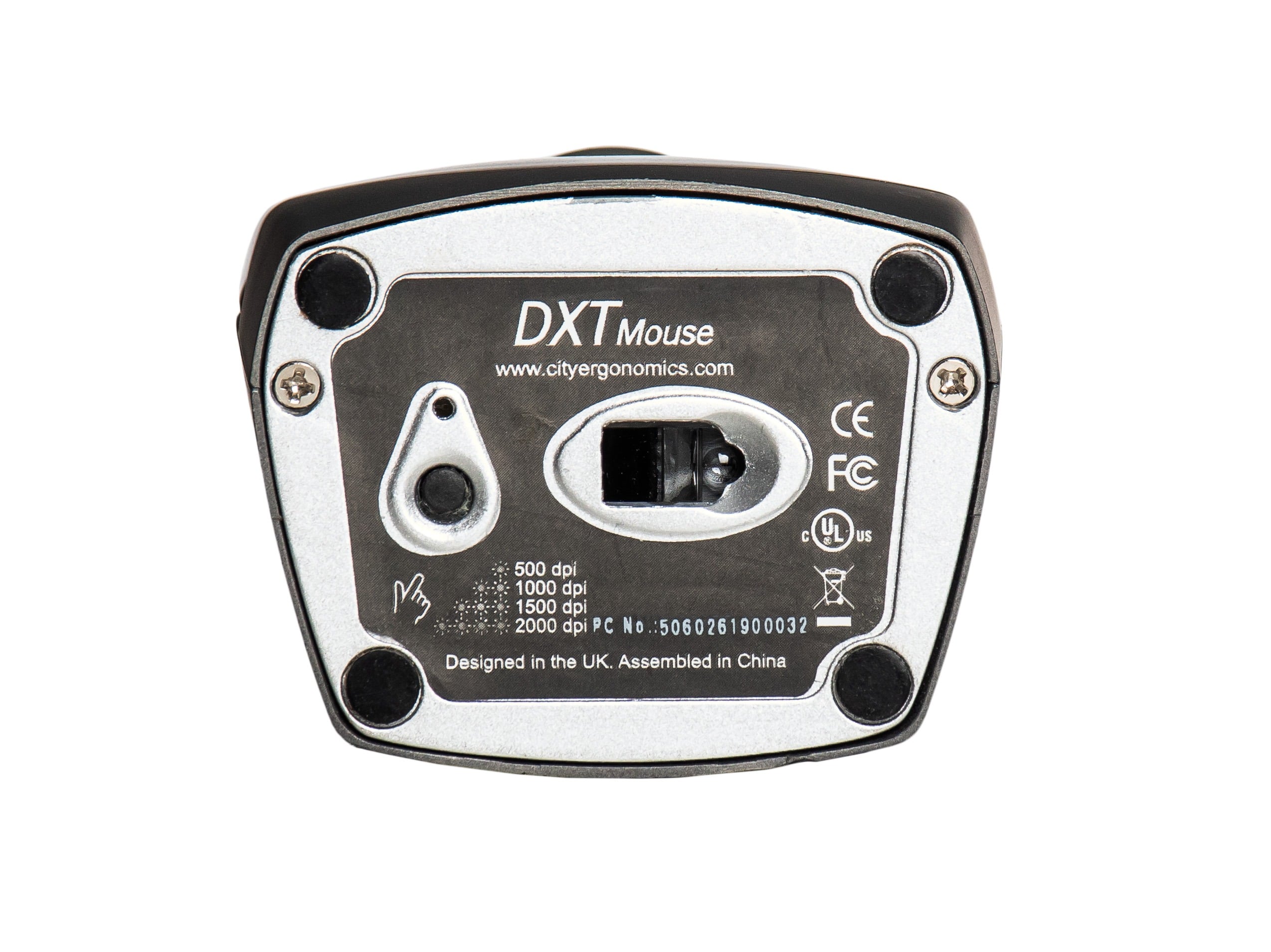 Bottom view of a DXT ergonomic mouse with DPI settings and certification logos visible.