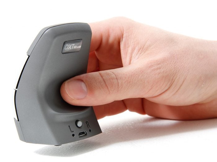 Hand holding an ergonomic vertical mouse, showcasing adjustable side buttons for improved comfort and usability.