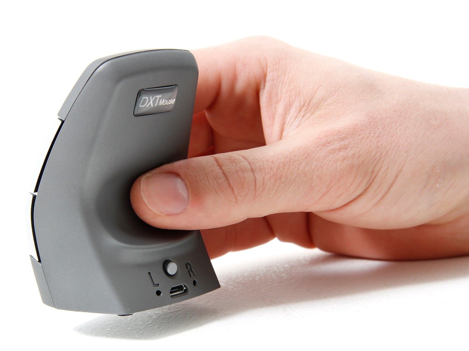 Hand holding an ergonomic vertical mouse, showcasing adjustable side buttons for improved comfort and usability.