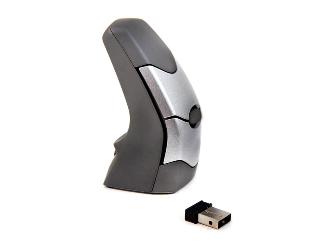 Ergonomic vertical wireless mouse with USB receiver on white background, enhancing comfort and reducing wrist strain.