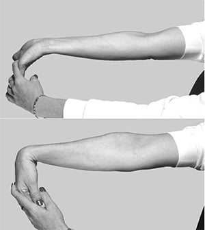Person demonstrating wrist and forearm stretches for flexibility and relief, side-by-side images.