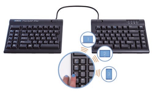 Split ergonomic keyboard with adjustable design and multimedia features, enhancing typing comfort and functionality.