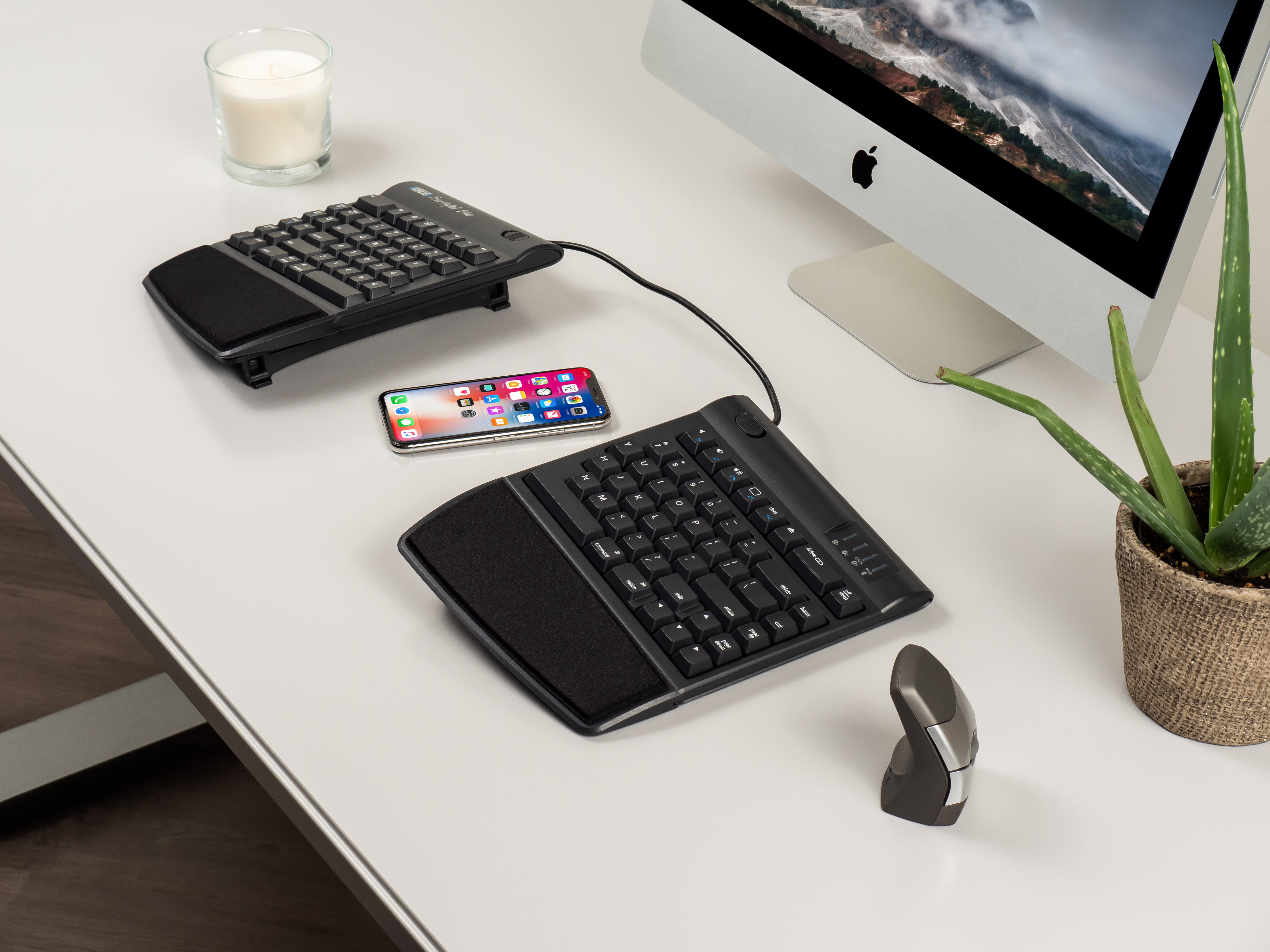 Ergonomic split keyboard, mouse, and phone on modern workspace desk with computer and aloe plant.