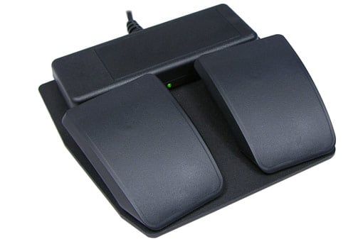 Dual pedal USB foot control for hands-free computing and transcription tasks, black, on a white background.