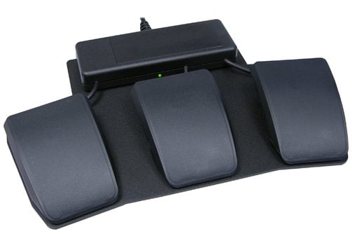 Three-pedal foot switch for hands-free device control, ideal for transcription or gaming.